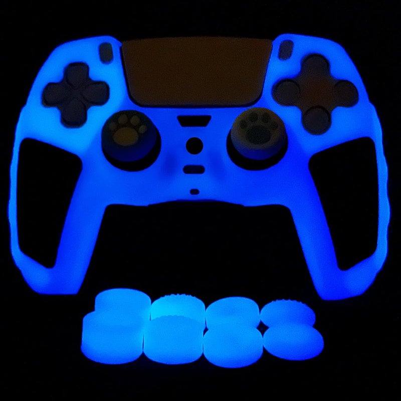HLRAO Glow in The Dark PS5 Controller Skin,Blue Anti Slip Soft Thicked Studded Silicone Cover Skins Compatible with PS5 Controller,Include 8 PCS Blue Thumb Grips Glow and 2 Cat Paw Grips Accessories. - Image 1
